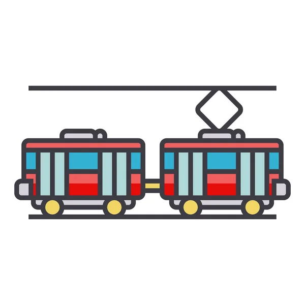 Tram ilustrasi baris datar, konsep vektor ikon terisolasi - Stok Vektor