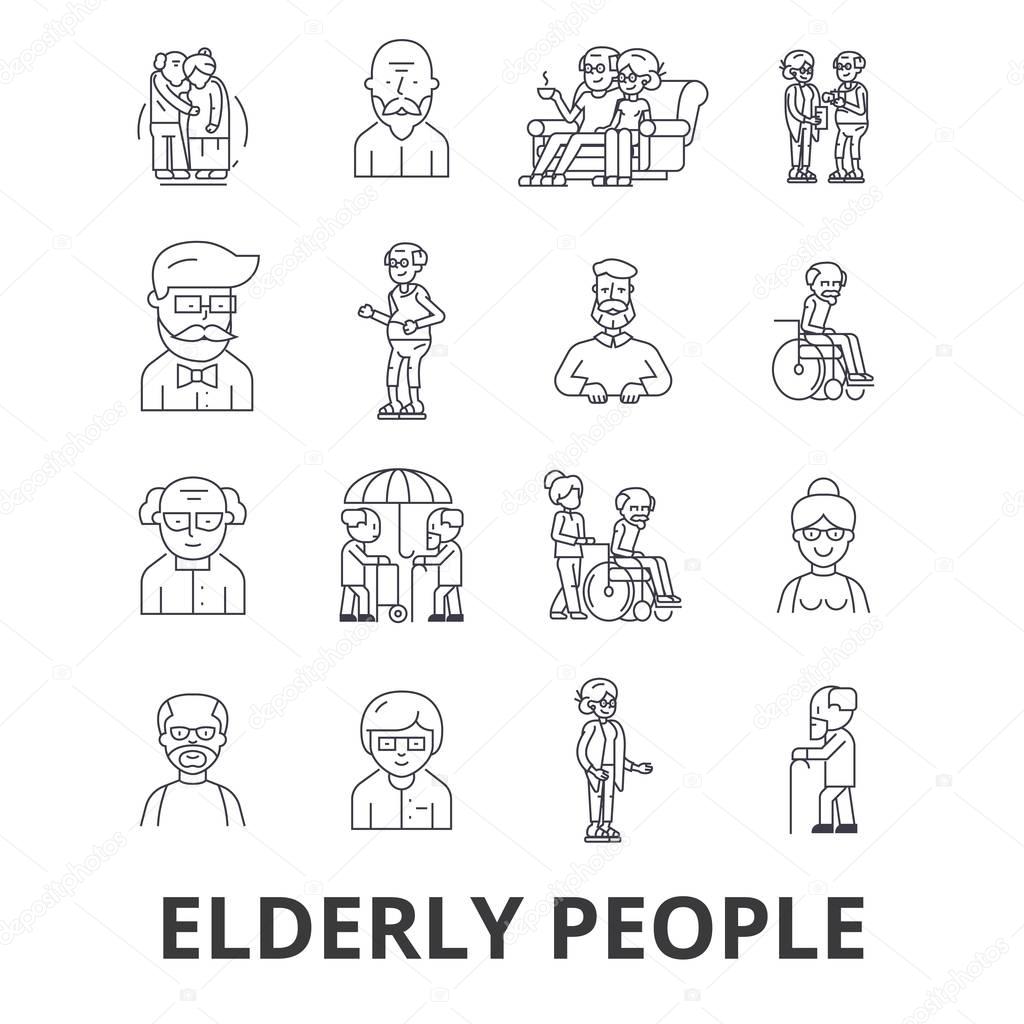 Elderly people, care, elderly couple, old people, elderly patient, support line icons. Editable strokes. Flat design vector illustration symbol concept. Linear signs isolated