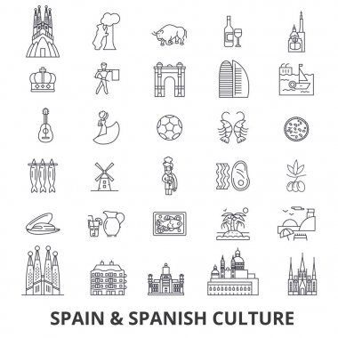 Spain, barcelona, madrid, spanish, flamenco, mediterrian line icons. Editable strokes. Flat design vector illustration symbol concept. Linear signs isolated clipart