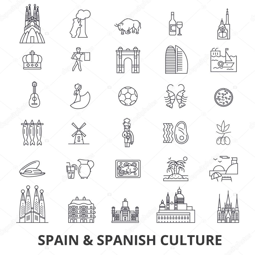 Spain, barcelona, madrid, spanish, flamenco, mediterrian line icons. Editable strokes. Flat design vector illustration symbol concept. Linear signs isolated on white background