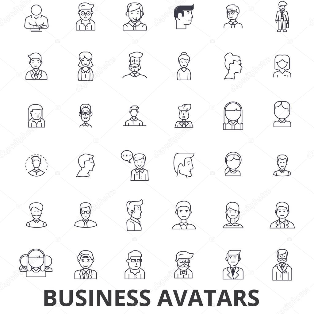 Business avatars, businessman, businesswoman, team, group, people, users line icons. Editable strokes. Flat design vector illustration symbol concept. Linear signs isolated