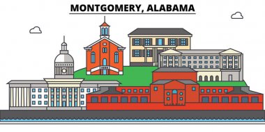 Missouri, Saint Louis. Şehir manzarası, mimari, binalar, sokaklar, siluet, peyzaj, panorama, yerler, simgeler. Düzenlenebilir vuruş. Düz çizgi vektör çizim tasarım