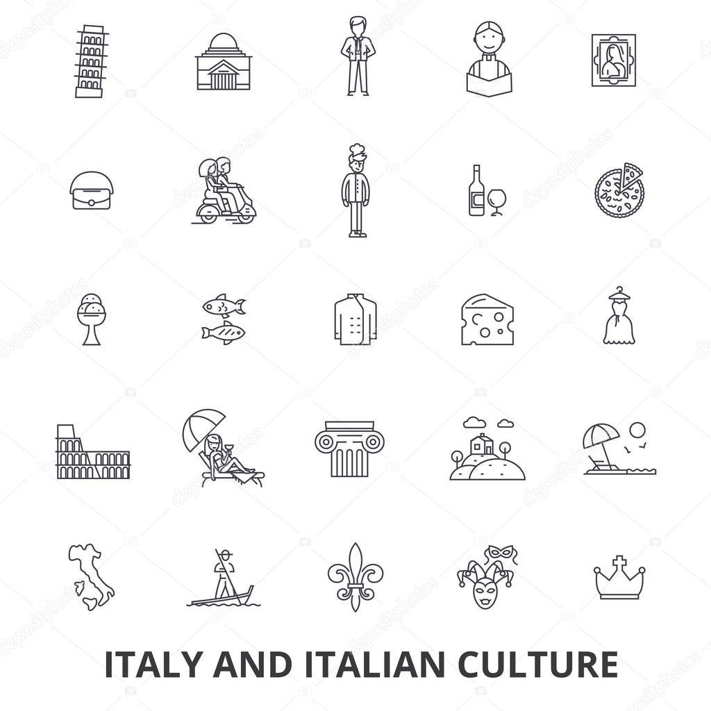 Italy, rome, italy map, italy flag, italian, pizza, gondola, cheese, carnival line icons. Editable strokes. Flat design vector illustration symbol concept. Linear signs isolated