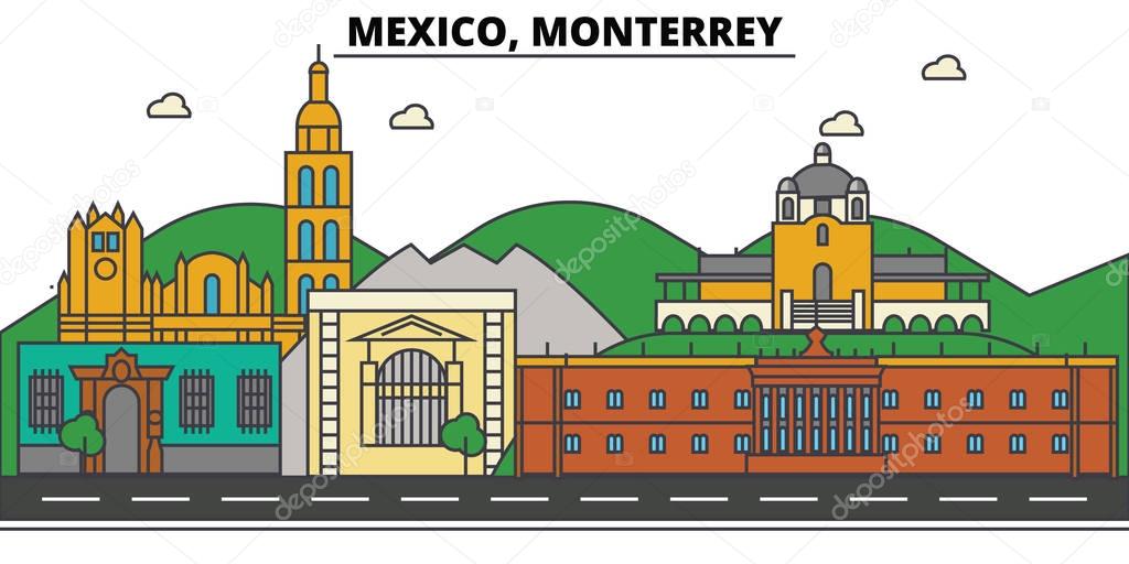 Mexico, Monterrey. City skyline, architecture, buildings, streets, silhouette, landscape, panorama, landmarks, icons. Editable strokes. Flat design line vector illustration concept
