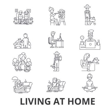 Evde oturuyorum, evde, evde yaşayan anne hattı kutsal kişilerin resmi ile oturma odası mobilyaları, yardım. Düzenlenebilir vuruş. Düz tasarım vektör çizim sembolü konsepti. Lineer işaretler izole