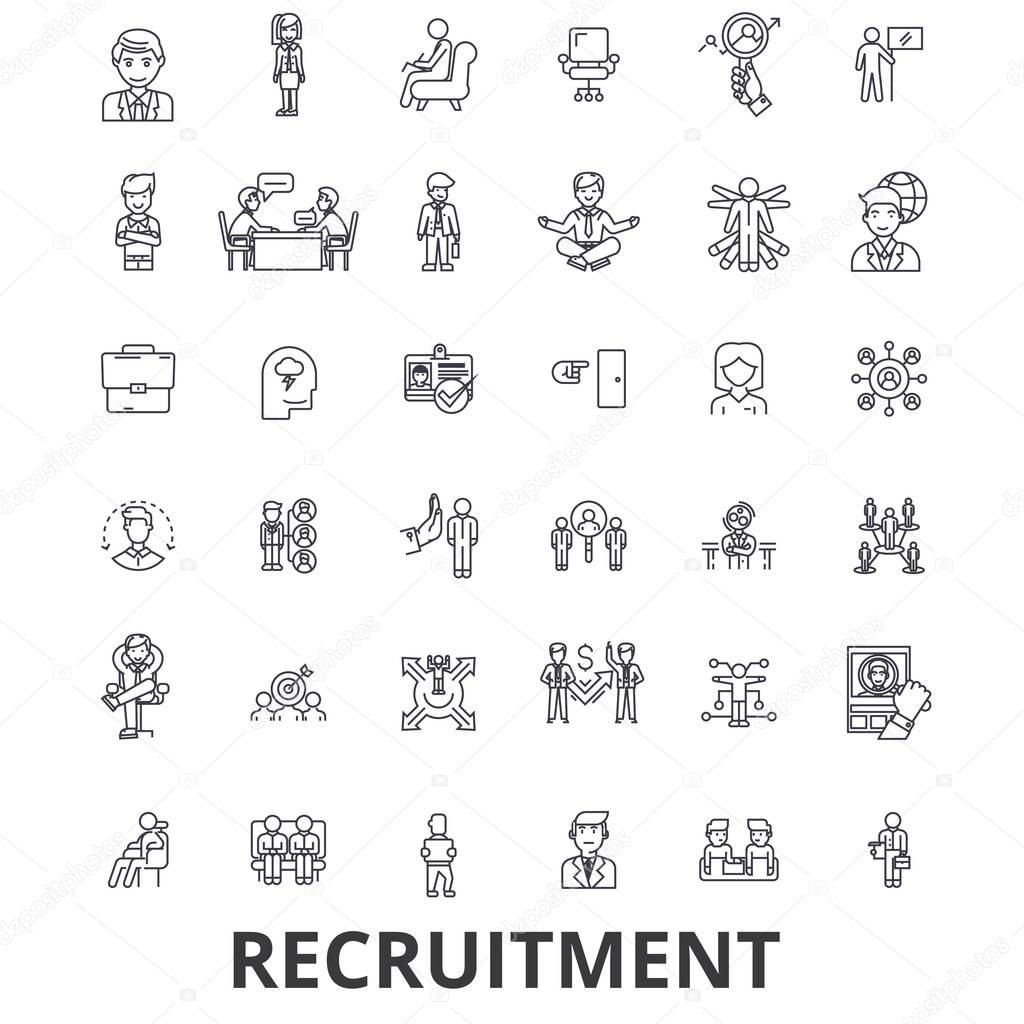 Recruitment, hiring, human resources, career, interview, employment, staffing line icons. Editable strokes. Flat design vector illustration symbol concept. Linear signs isolated