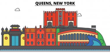 Queens, New York. Şehir manzarası, mimari, binalar, sokaklar, siluet, peyzaj, panorama, yerler, simgeler. Düzenlenebilir vuruş. Düz çizgi vektör çizim tasarım