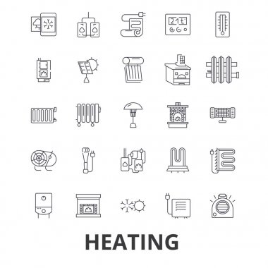 Isıtma, sıcak, kalp, radyatör, ısıtıcı, Isıtma sistemi, yangın, dalga, sıcak, güneş hat simgeler. Düzenlenebilir vuruş. Düz tasarım vektör çizim sembolü konsepti. Lineer işaretler izole