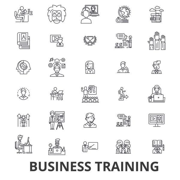 İş eğitimi, eğitim oturumu, öğrenme, iş toplantı, sunum satır simgeler. Düzenlenebilir vuruş. Düz tasarım vektör çizim sembolü konsepti. Lineer işaretler izole