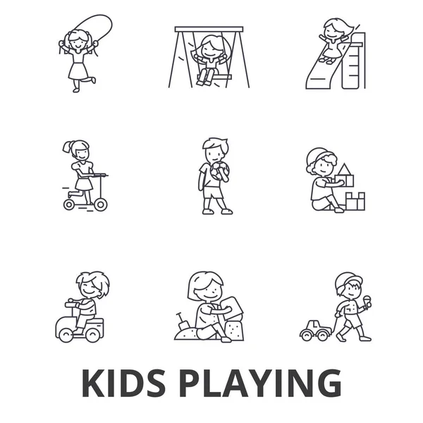 Gyerekek játék, gyerekek játék, gyerekek játék közben, ugrás, boldog, játszótér vonal ikonok. Szerkeszthető stroke. Lapos kivitel vektoros illusztráció szimbólum fogalom. Lineáris jelek elkülönített — Stock Vector