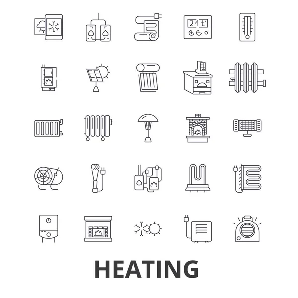 Topení, horké srdce, radiátor, topení, topný systém, oheň, vlna, teplé, slunce řádek ikon. Upravitelné tahy. Plochý design vektorové ilustrace symbolu koncept. Samostatný lineární známky — Stockový vektor