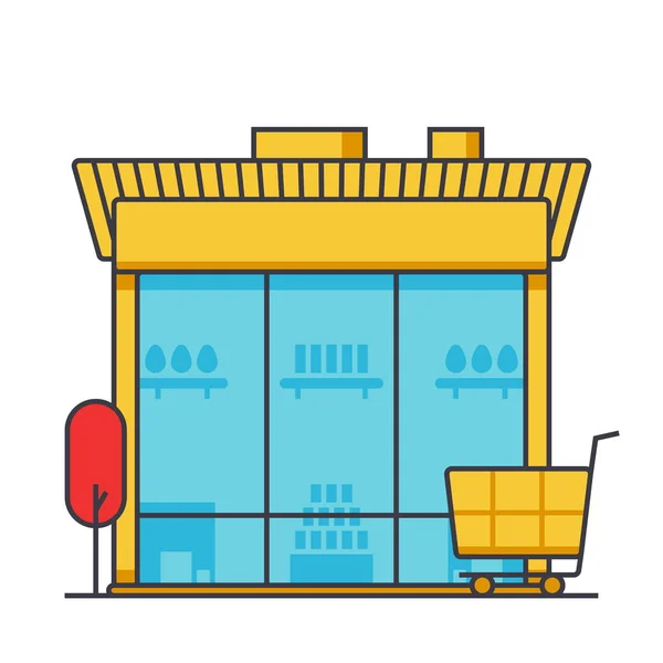 Edificio del mercado, tienda, edificio de la tienda ilustración de línea plana, concepto vector icono aislado — Vector de stock