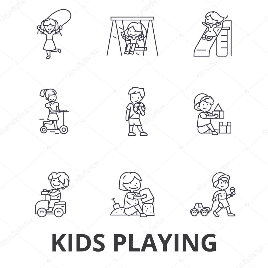 Kids playing, children playing, kids playing outside, jumping, happy, playground line icons. Editable strokes. Flat design vector illustration symbol concept. Linear signs isolated on white background
