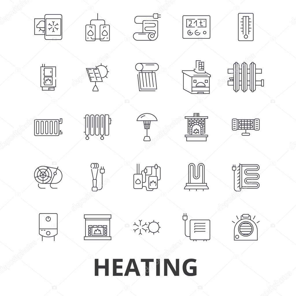 Heating, hot, heart, radiator, heater, heating system, fire, wave, warm, sun line icons. Editable strokes. Flat design vector illustration symbol concept. Linear signs isolated