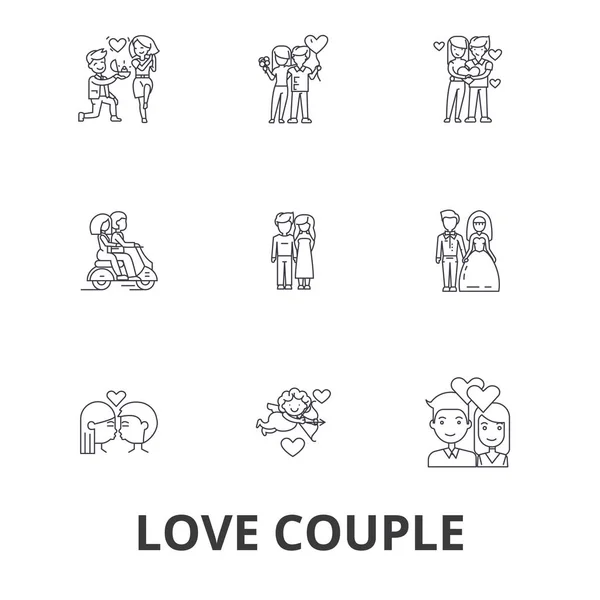 커플, 로맨틱, 사랑 마음, 키스, 사랑 조류, 행복 한 커플, 발렌타인 라인 아이콘을 사랑 해요. 편집 가능한 스트로크입니다. 평면 디자인 벡터 그림 기호 개념입니다. 선형 신호 절연 — 스톡 벡터