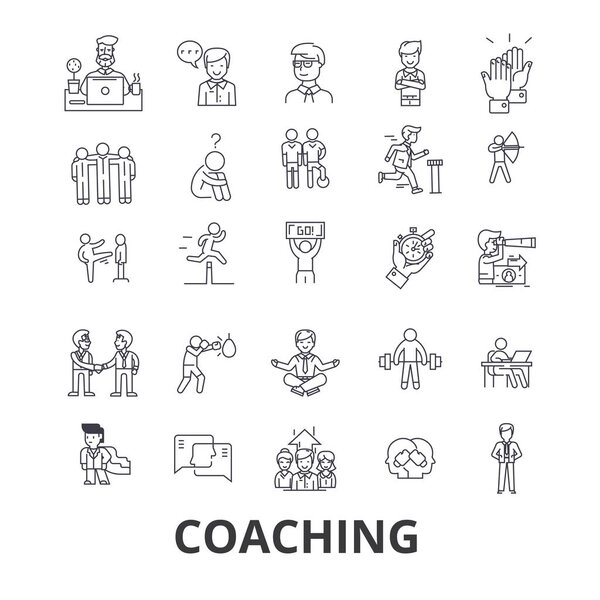 Coaching, sport coach, mentor, coach bus, life coach, training, trainer, whistle line icons. Editable strokes. Flat design vector illustration symbol concept. Linear signs isolated