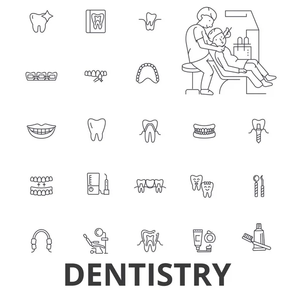 Стоматология, стоматолог, стоматолог, стоматолог, кабинет дантиста, зубы, улыбка, иконки линии имплантата. Редактируемые штрихи. Концепция векторной иллюстрации плоского дизайна. Линейные знаки изолированы — стоковый вектор