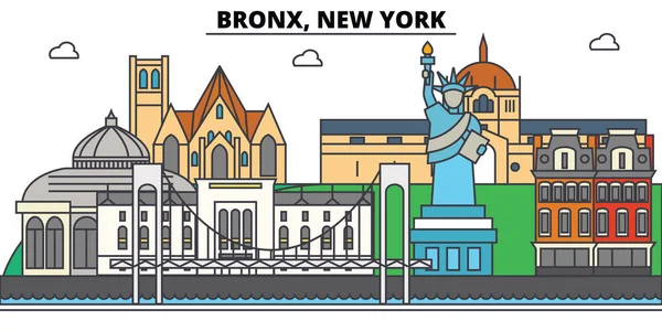 Bronx, New York. Şehir manzarası, mimari, binalar, sokaklar, siluet, peyzaj, panorama, yerler, simgeler. Düzenlenebilir vuruş. Düz çizgi vektör çizim tasarım