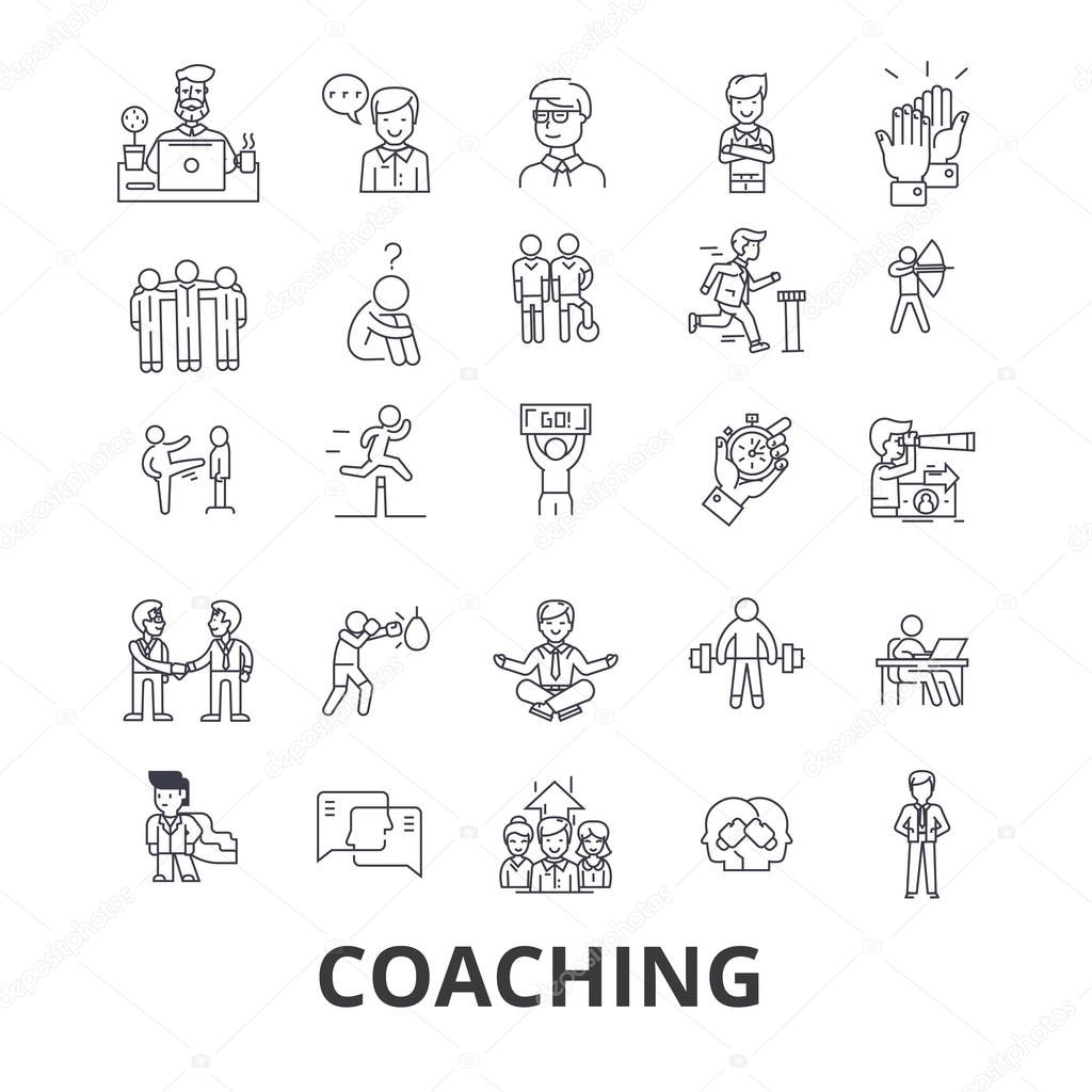 Coaching, sport coach, mentor, coach bus, life coach, training, trainer, whistle line icons. Editable strokes. Flat design vector illustration symbol concept. Linear signs isolated