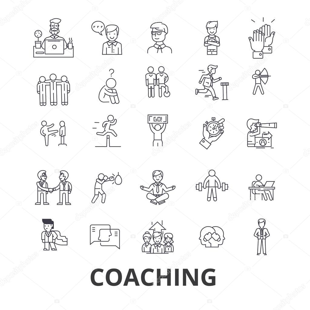 Coaching, sport coach, mentor, coach bus, life coach, training, trainer, whistle line icons. Editable strokes. Flat design vector illustration symbol concept. Linear signs isolated on white background
