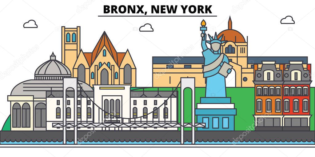 Bronx, New York. City skyline, architecture, buildings, streets, silhouette, landscape, panorama, landmarks, icons. Editable strokes. Flat design line vector illustration concept