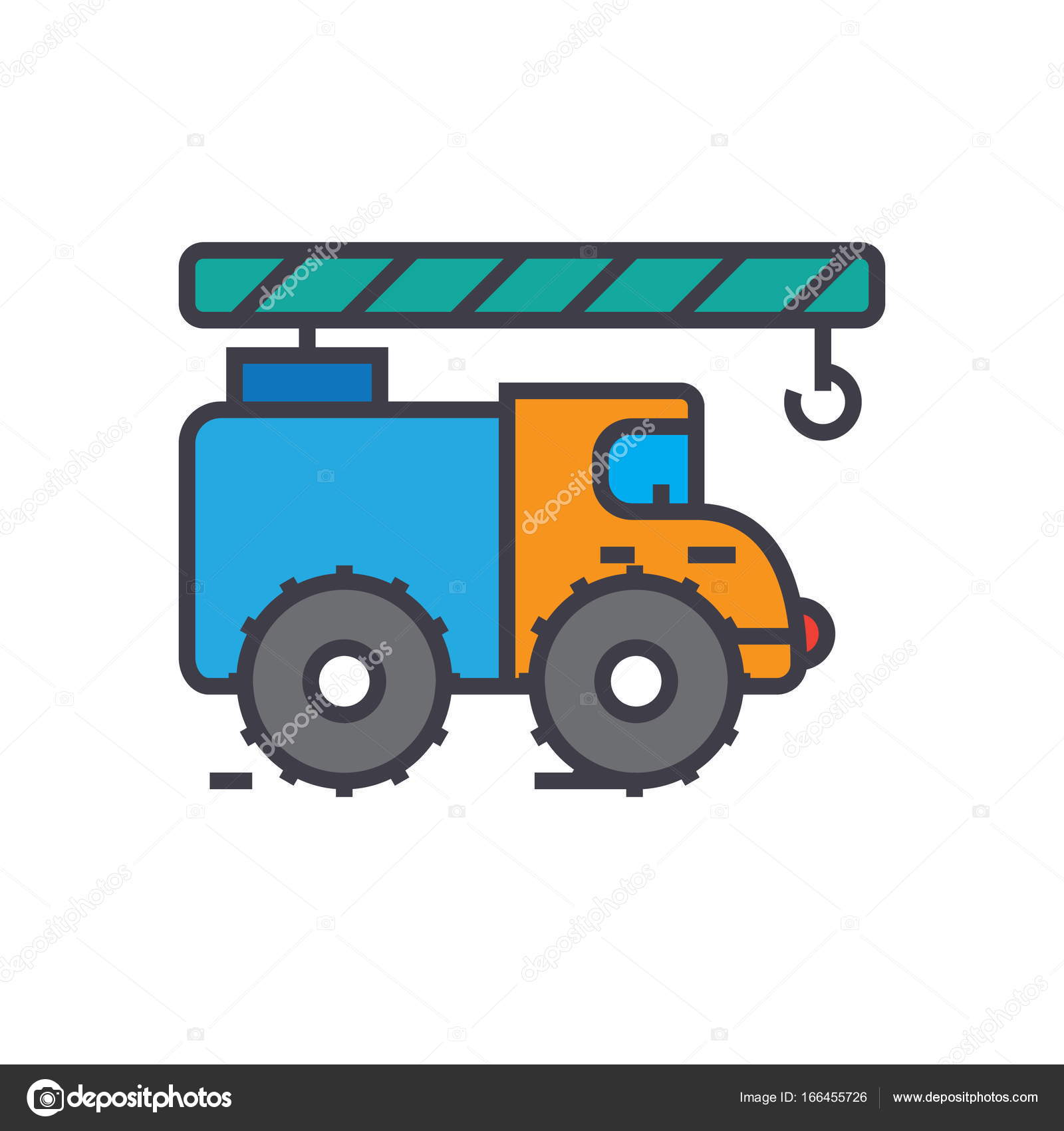 Crane truck, construction vehicle flat line illustration, concept