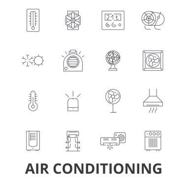 Hava Şartlandırma, hvac, coolling, Isıtma, buzdolabı, termostat, termometre satır simgeler. Düzenlenebilir vuruş. Düz tasarım vektör çizim sembolü konsepti. Lineer işaretler izole
