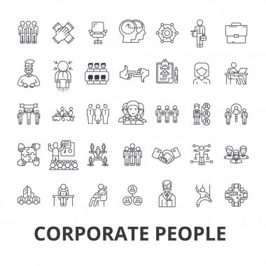 Corporate people, corporate identity, business, train, corporate event, office line icons. Editable strokes. Flat design vector illustration symbol concept. Linear signs isolated clipart