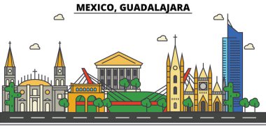 Meksika Guadalajara. Şehir manzarası, mimari, binalar, sokaklar, siluet, peyzaj, panorama, yerler, simgeler. Düzenlenebilir vuruş. Düz çizgi vektör çizim tasarım