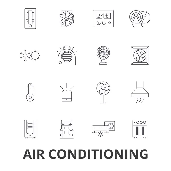 Air conditionné, hvac, exécution a refroidissement, chauffage, réfrigérateur, thermostat, icônes ligne thermomètre. Strokes modifiables. Concept de design plat vector illustration symbole. Linéaires signes isolés — Image vectorielle