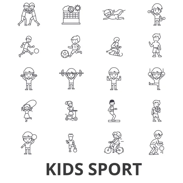 Niños deporte, juego, deportes infantiles, fútbol, baloncesto, correr, saltar, iconos de línea de equipo. Golpes editables. Diseño plano vector ilustración símbolo concepto. Signos lineales aislados — Vector de stock