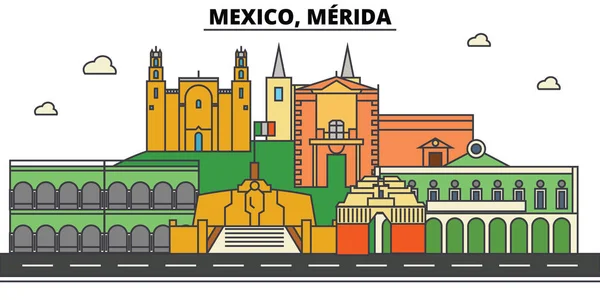 Messico, Merida. skyline della città, architettura, edifici, strade, silhouette, paesaggio, panorama, punti di riferimento. Ictus modificabili. Concetto di illustrazione vettoriale della linea di progettazione piatta. Icone isolate — Vettoriale Stock