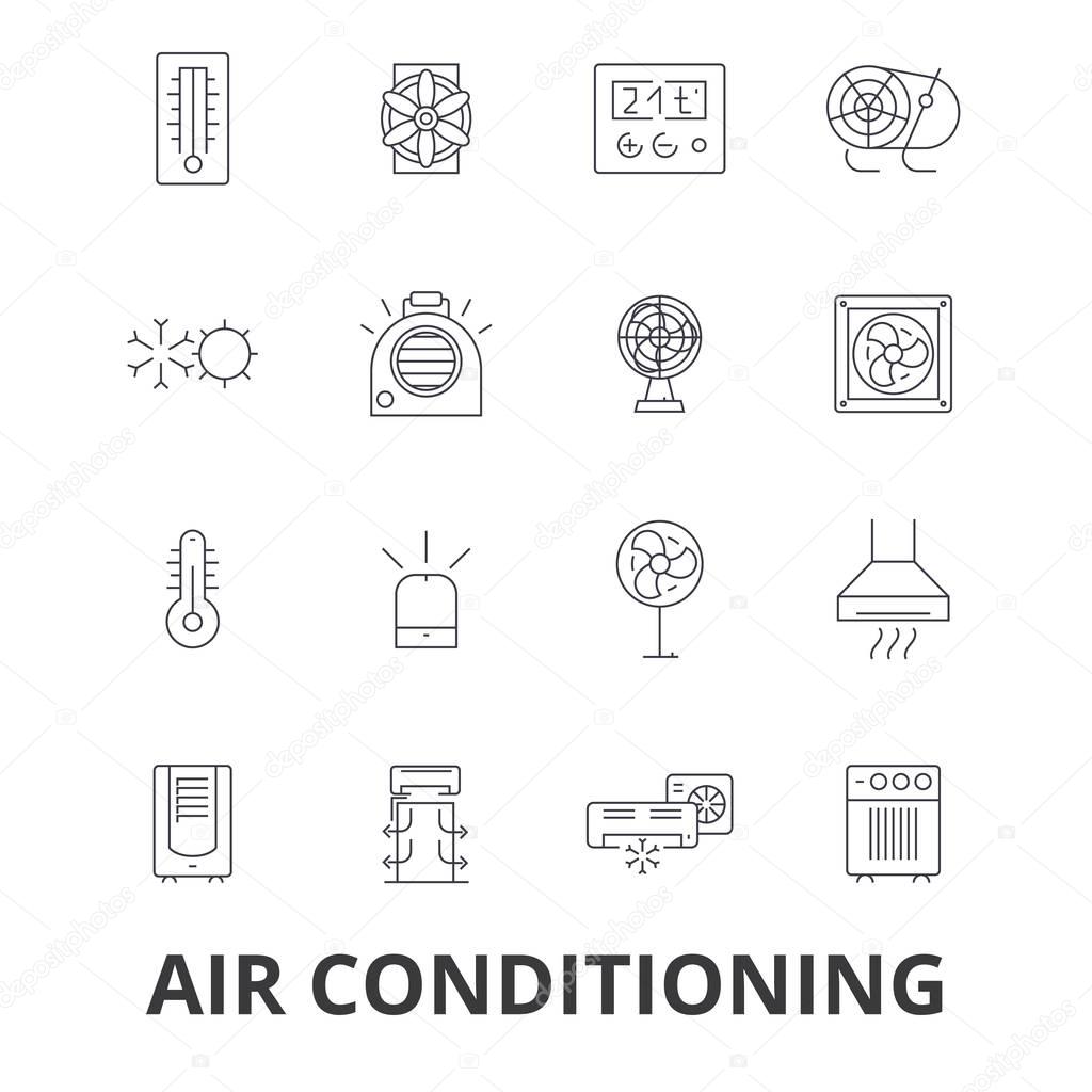 Air conditioning, hvac, coolling, heating, refrigerator, thermostat, thermometer line icons. Editable strokes. Flat design vector illustration symbol concept. Linear signs isolated