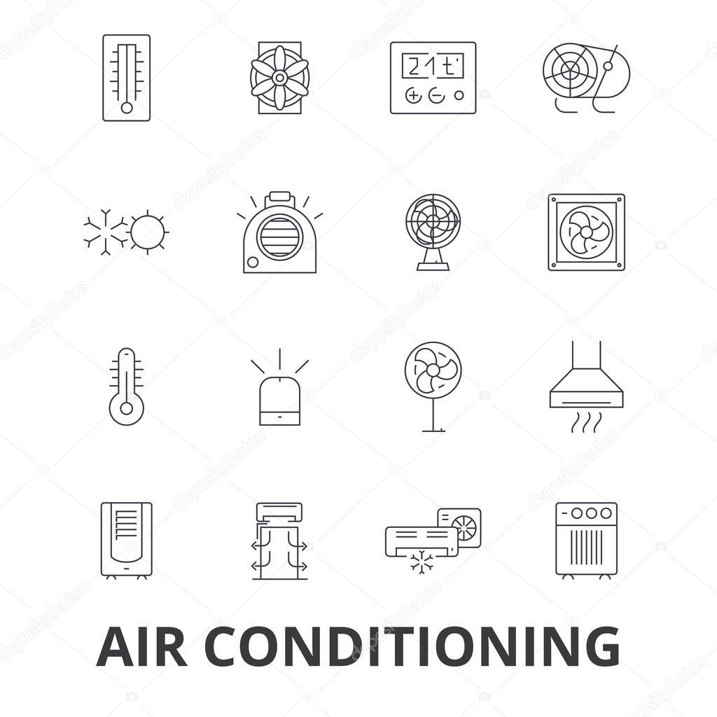 Air conditioning, hvac, coolling, heating, refrigerator, thermostat, thermometer line icons. Editable strokes. Flat design vector illustration symbol concept. Linear signs isolated on white background
