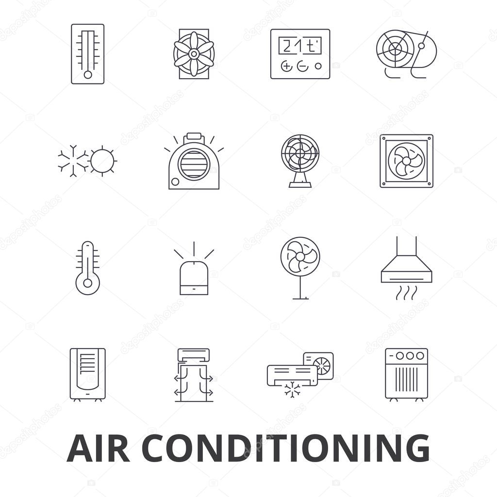 Air conditioning, hvac, coolling, heating, refrigerator, thermostat, thermometer line icons. Editable strokes. Flat design vector illustration symbol concept. Linear signs isolated