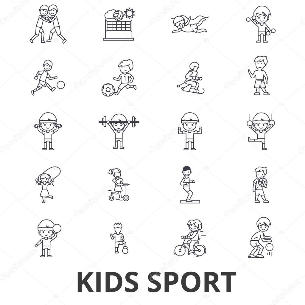 Kids sport, play, children sports, football, basketball, running, jumping, team line icons. Editable strokes. Flat design vector illustration symbol concept. Linear signs isolated