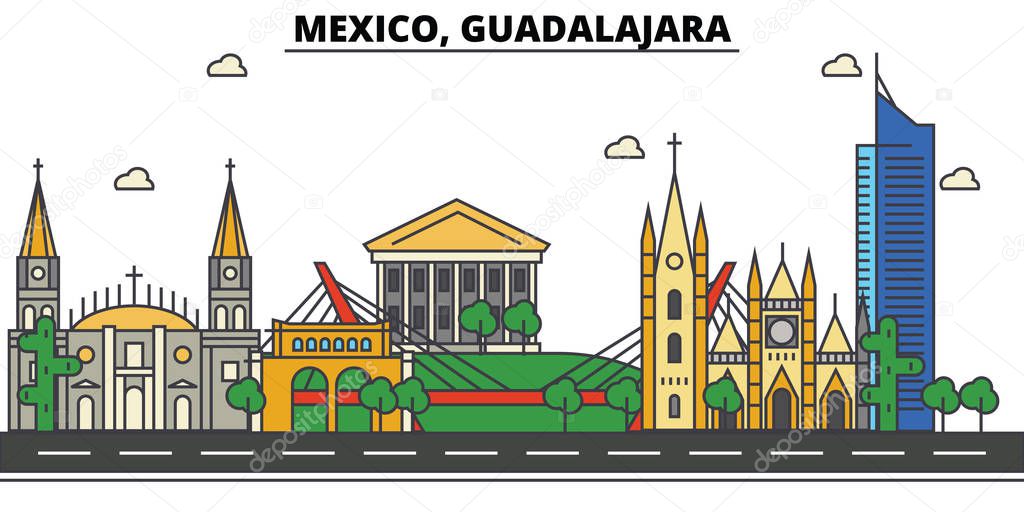 Mexico, Guadalajara. City skyline, architecture, buildings, streets, silhouette, landscape, panorama, landmarks, icons. Editable strokes. Flat design line vector illustration concept
