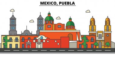 Meksika, Puebla. Şehir manzarası, mimari, binalar, sokaklar, siluet, peyzaj, panorama, yerler, simgeler. Düzenlenebilir vuruş. Düz çizgi vektör çizim tasarım