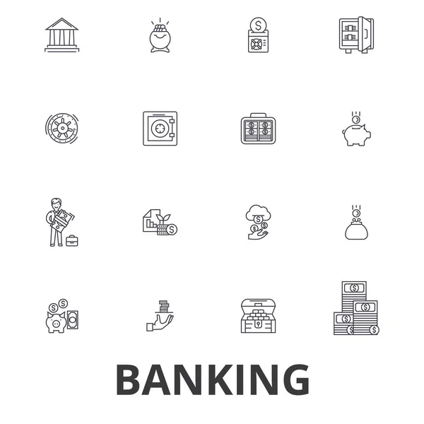 Banking, ank building, finance, money, banker, piggy bank, business, credit card line icons. Editable strokes. Flat design vector illustration symbol concept. Linear signs isolated — Stock Vector