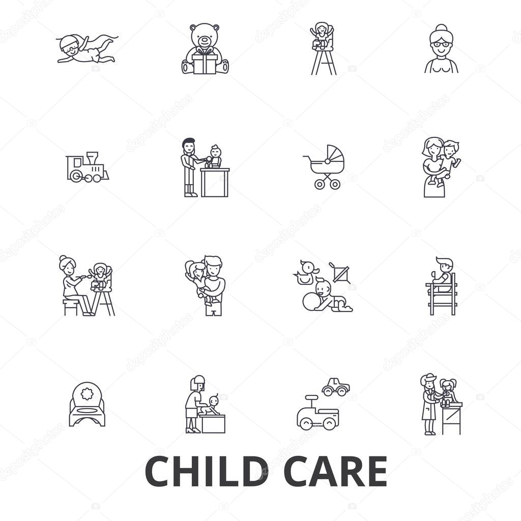 Child care, babysitter, preschool, nanny, nursery, kids playing, daycare center line icons. Editable strokes. Flat design vector illustration symbol concept. Linear signs isolated on white background