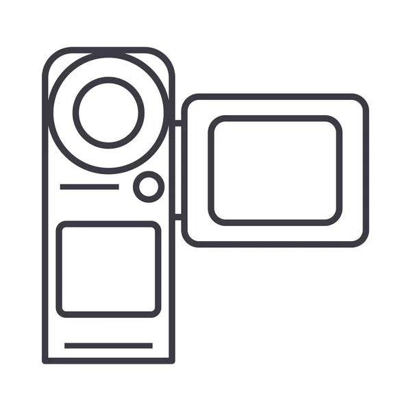 Videocamera, filmproductie vector lijn pictogram, teken, afbeelding op de achtergrond, bewerkbare lijnen — Stockvector