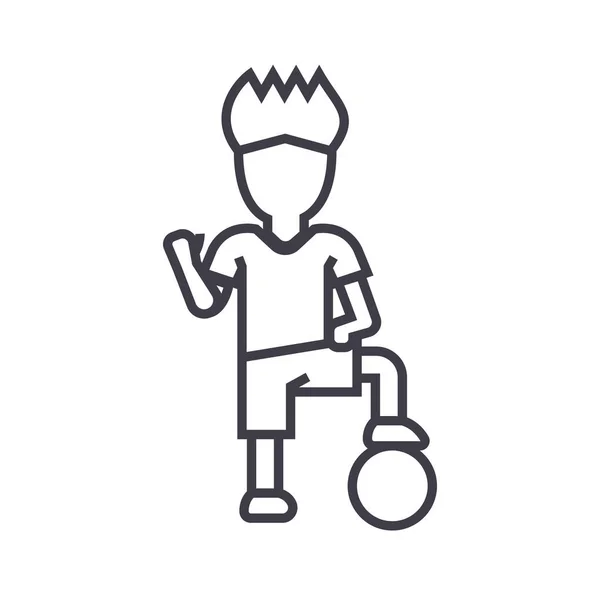 Jugador de fútbol niño vector línea icono, signo, ilustración en el fondo, movimientos editables — Vector de stock