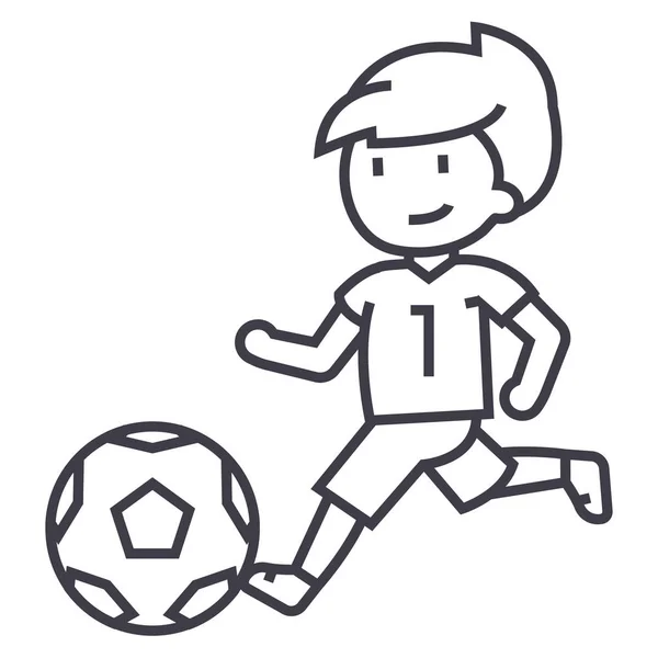 Futebol, menino jogando vetor de futebol ícone de linha, sinal, ilustração no fundo, traços editáveis —  Vetores de Stock