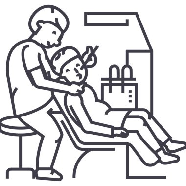 diş hekimi hastaya, stomatology vektör satırı simgesi, işaret, resimde arka planda, düzenlenebilir vuruşları ile çalışma