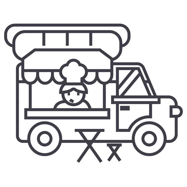 食物卡车，街头的流动厨房矢量线图标，标志，背景，可编辑的笔画的插图 — 图库矢量图片