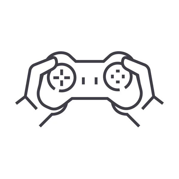 Gamepad in hands, playing game vector line icon, sign, illustration on background, editable strokes — стоковый вектор