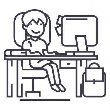 liseli kız bilgisayar, kitap ve sırt çantası vektör satırı simgesi, işaret, resimde arka plan, düzenlenebilir vuruşları üzerinde tablo