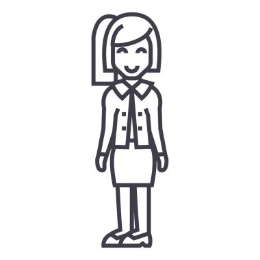 bakan, kadın ofis, yardım vektör satırı simgesi, işaret, resimde arka planda, düzenlenebilir vuruş