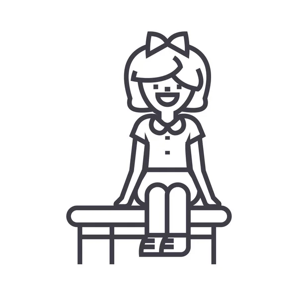 Girl sitting on the bench vector line icon, sign, illustration on background, editable strokes — Stock Vector