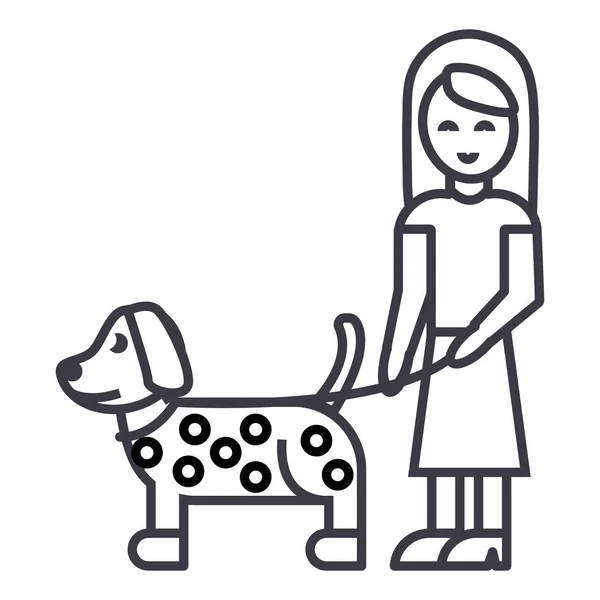 Ragazza con cane icona della linea vettoriale, segno, illustrazione su sfondo, colpi modificabili — Vettoriale Stock